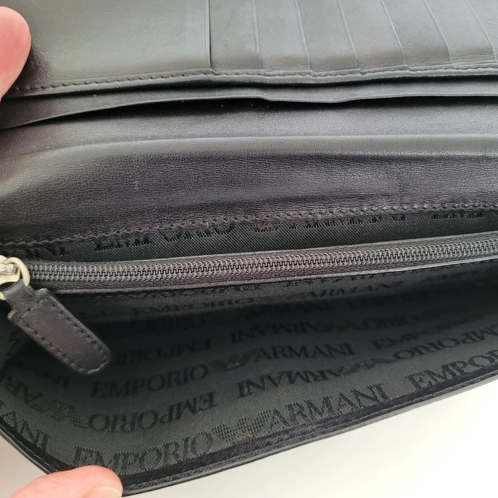 Emporio Armani Black Leather Long Bifold Wallet Embossed Eagle Logo Italy